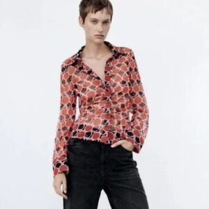 Zara Printed Tulle Y2K Runched Blouse Size XS Going Out Shirt